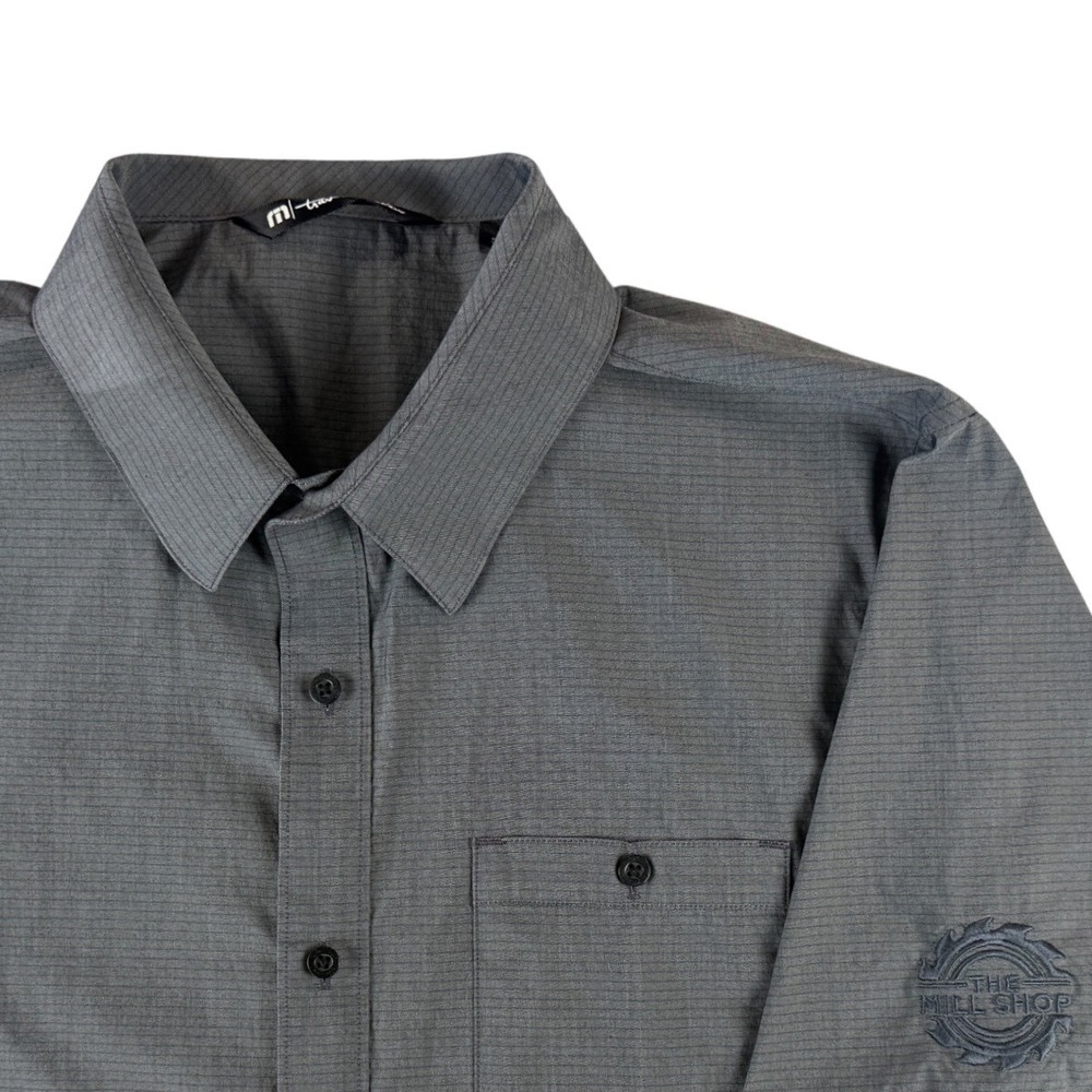 TravisMathew Button Up Shirt Men's Large Gray Short Sleeve Golf Mill Shop Logo